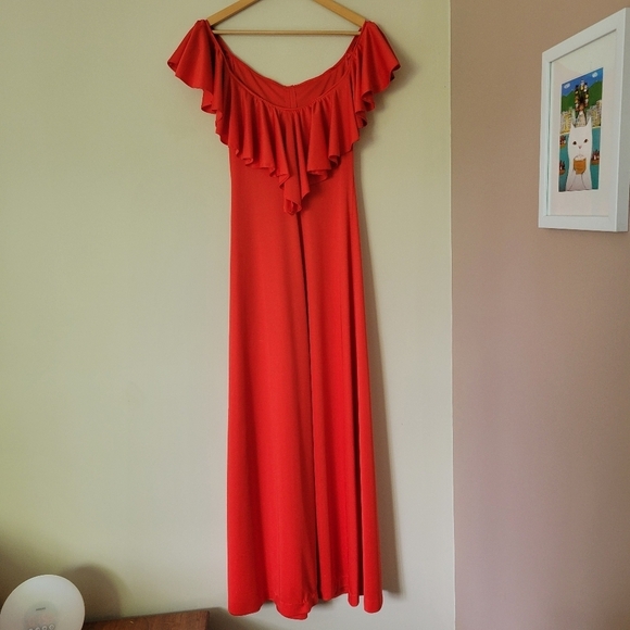 Vintage 70s Red Ruffle Off The Shoulder Maxi Dress Dancing Lady Emoji Size XS - Picture 3 of 11